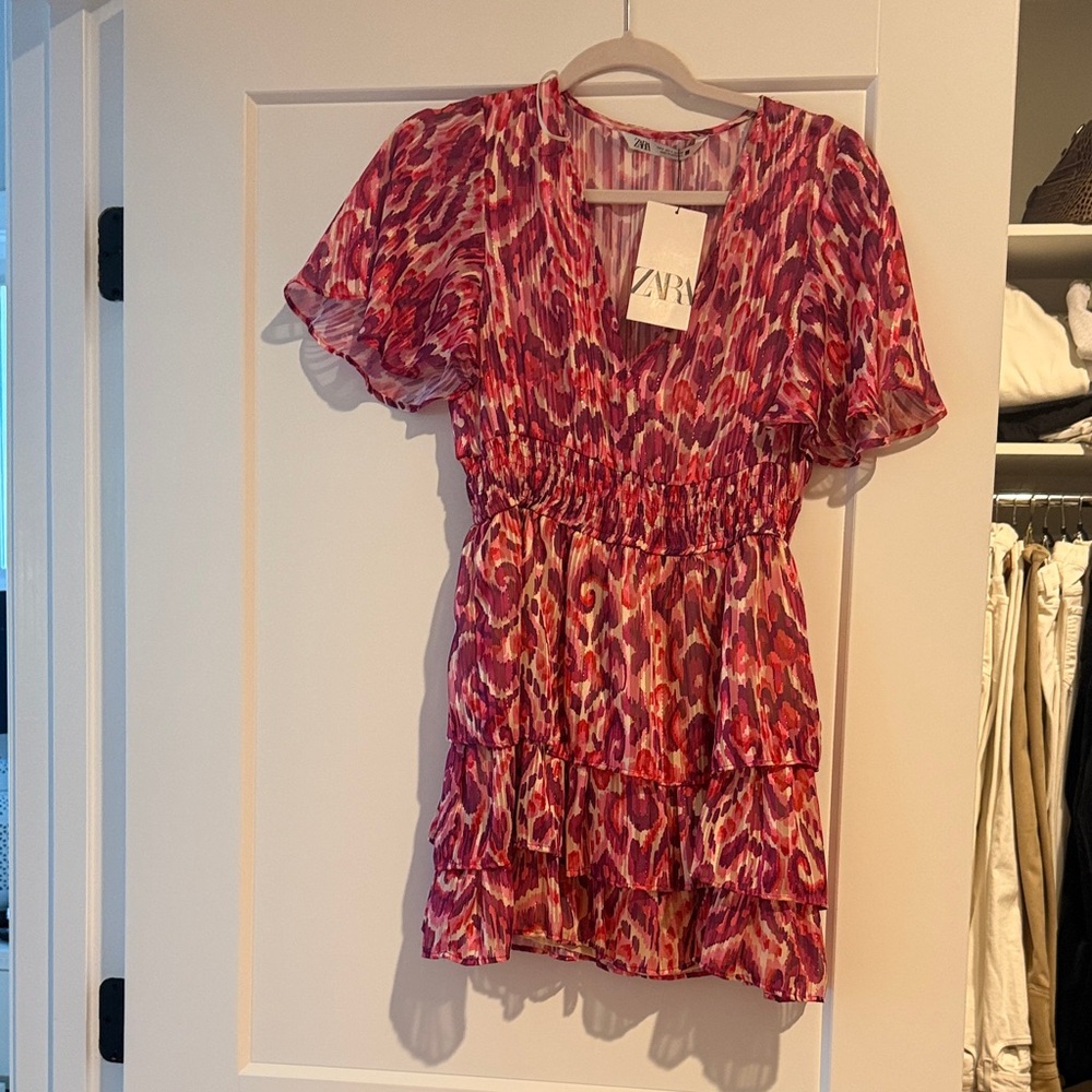 Zara Women's Red and Pink Ruffle Dress
